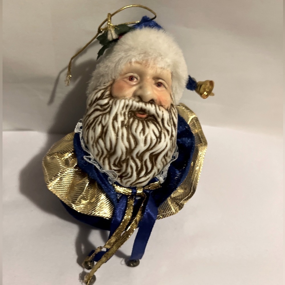 Porcelain Bisque Santa Claus Head Christmas Ornament blue velvet outfit 4" tall